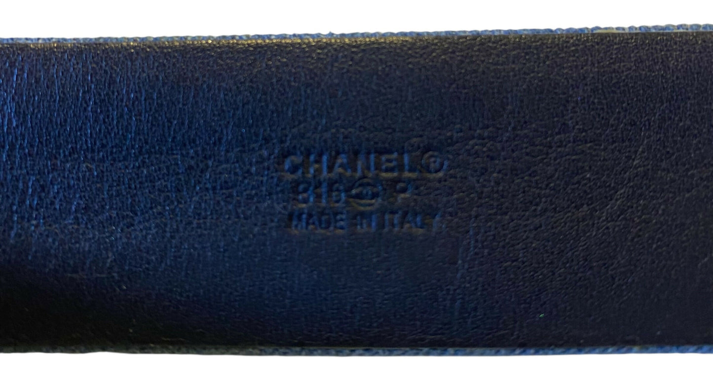 Chanel Airlines 16P Blue Denim CC Matte Silver & Gold Buckle Belt 90/36