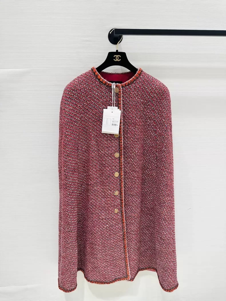 Chanel Red Long Cape Coat with Fine Shimmer Trim
