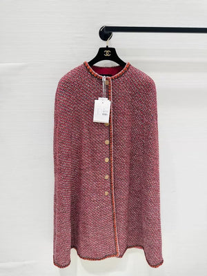 Chanel Red Long Cape Coat with Fine Shimmer Trim