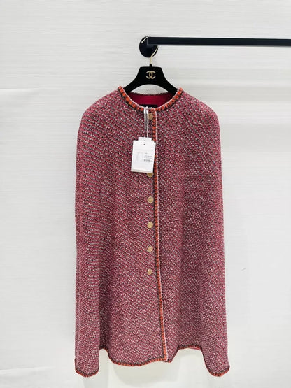 Chanel Red Long Cape Coat with Fine Shimmer Trim