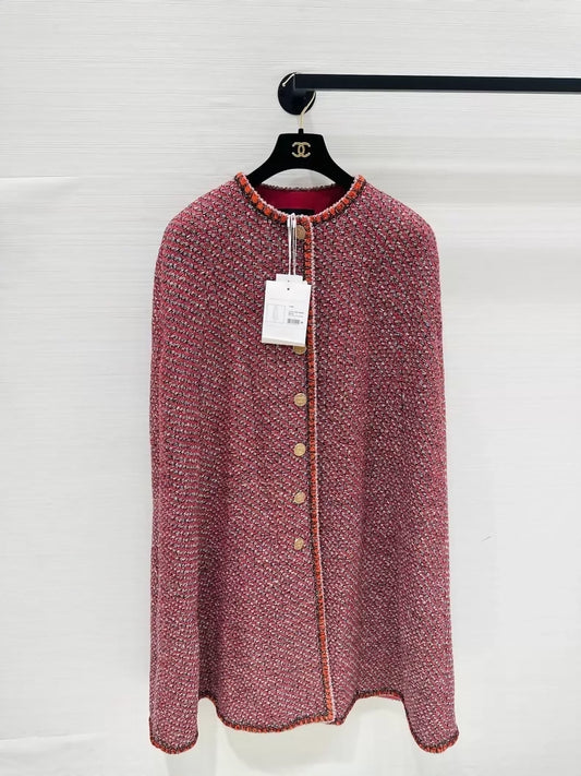 Chanel Red Long Cape Coat with Fine Shimmer Trim