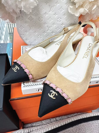Chanel 23P camel suede and black slingback sandals