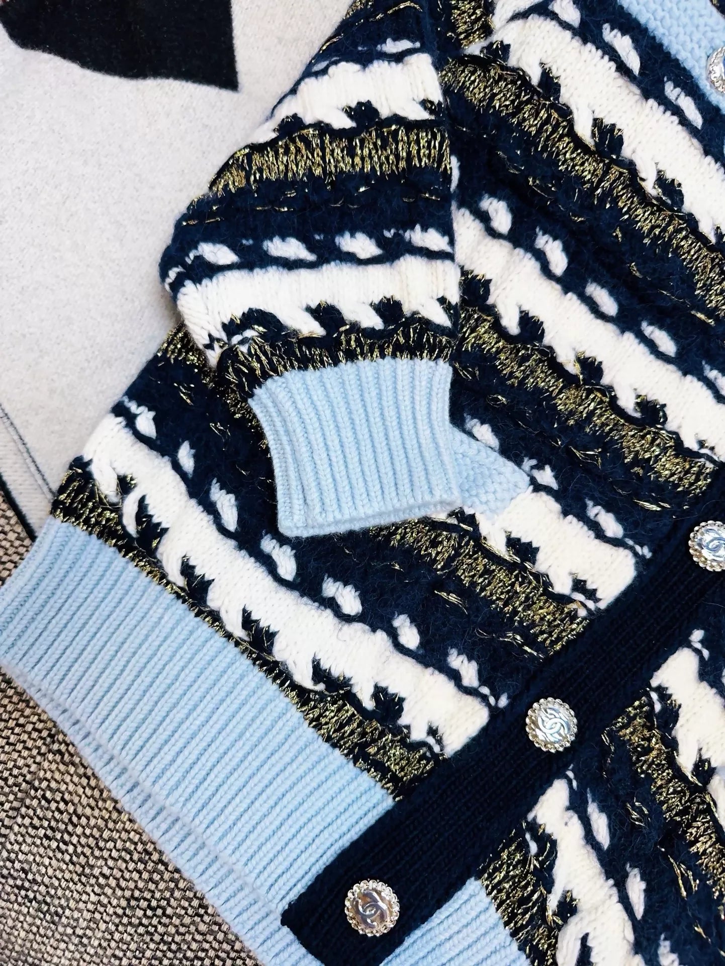 CHANEL 22b blue and white striped cardigan