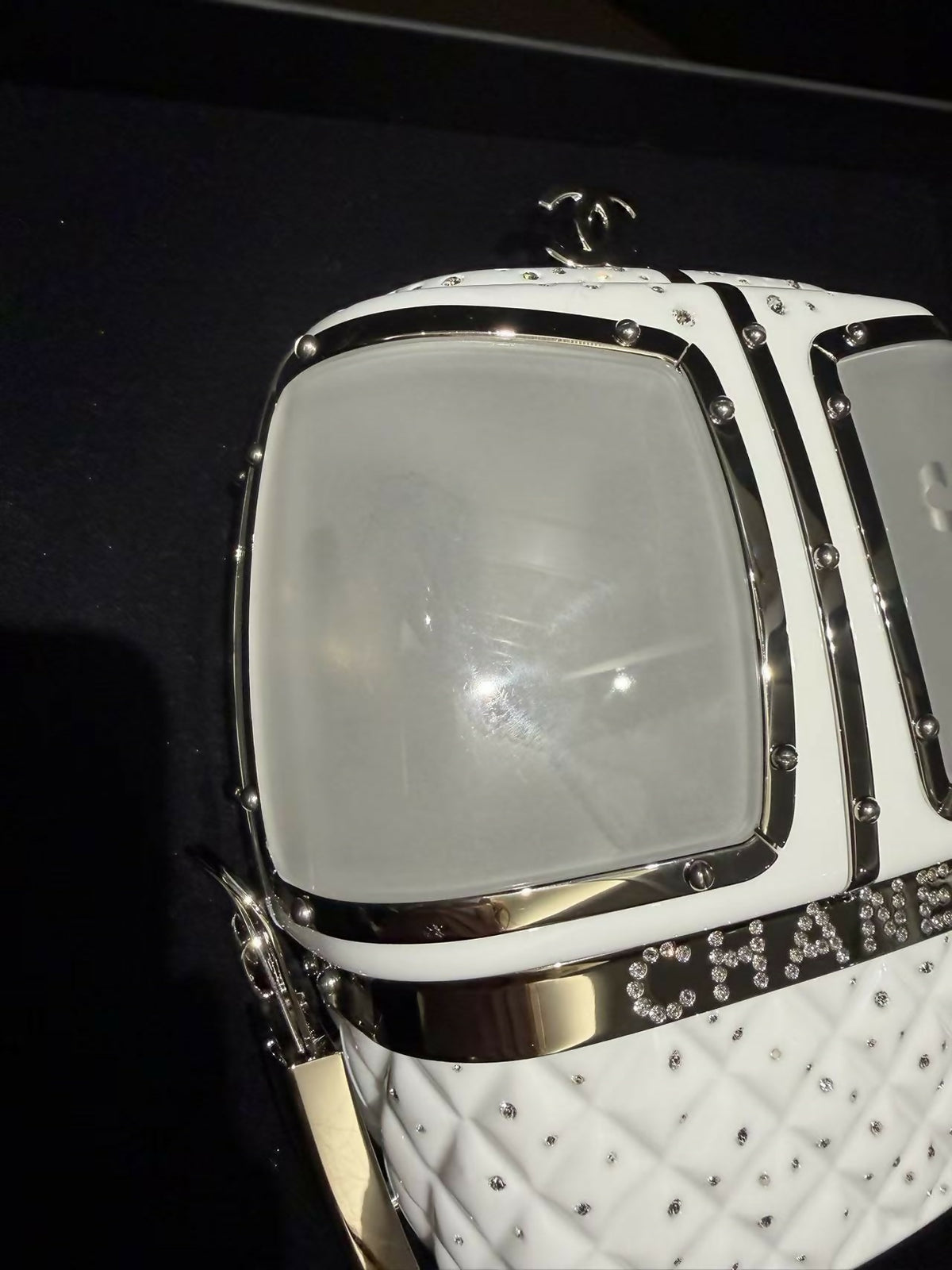 Chanel 2019 Limited Edition Ski Cable Car / Gondola Lift Minaudière Clutch Bag White Resin & Strass Silver Hardware