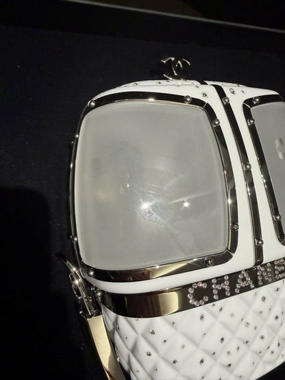 Chanel 2019 Limited Edition Ski Cable Car / Gondola Lift Minaudière Clutch Bag White Resin & Strass Silver Hardware