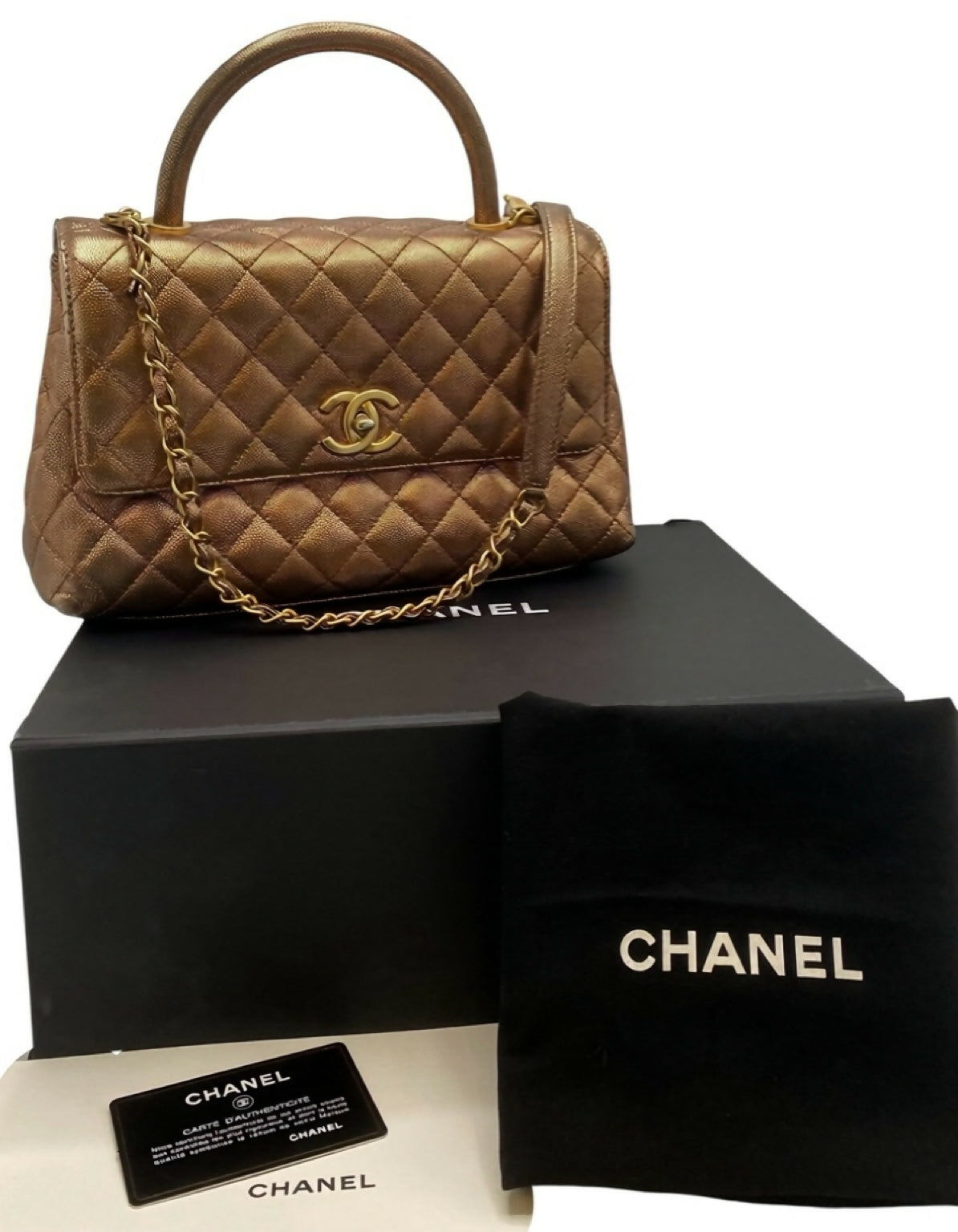 Chanel 19A Medium Coco Handle Metallic Copper Caviar Timeless Bag
