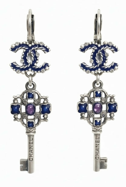 Chanel 17A Ritz Cosmopolite CC Key Dangle Drop Silver Pierced Earrings