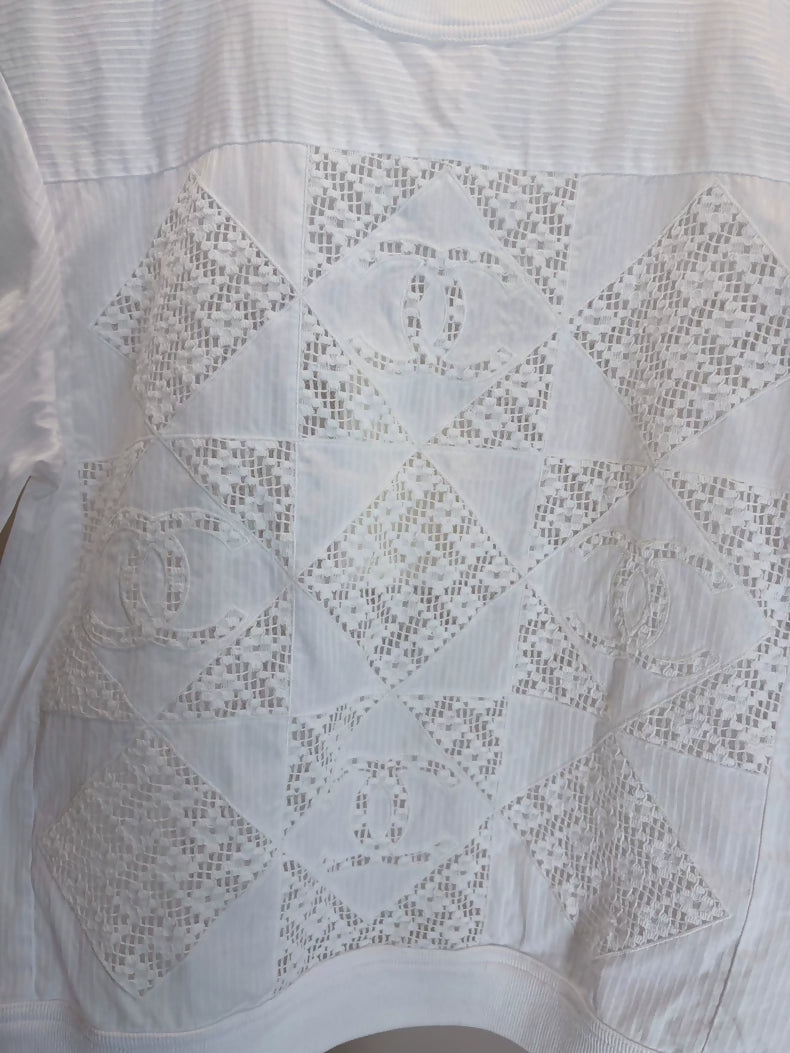 Chanel 25C White Crochet Double C Puff  Sleeve T-Shirt