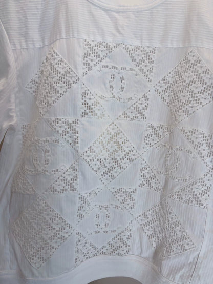 Chanel 25C White Crochet Double C Puff  Sleeve T-Shirt