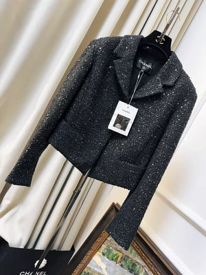 Chanel 24S Black Sequin Tweed Short Jacket