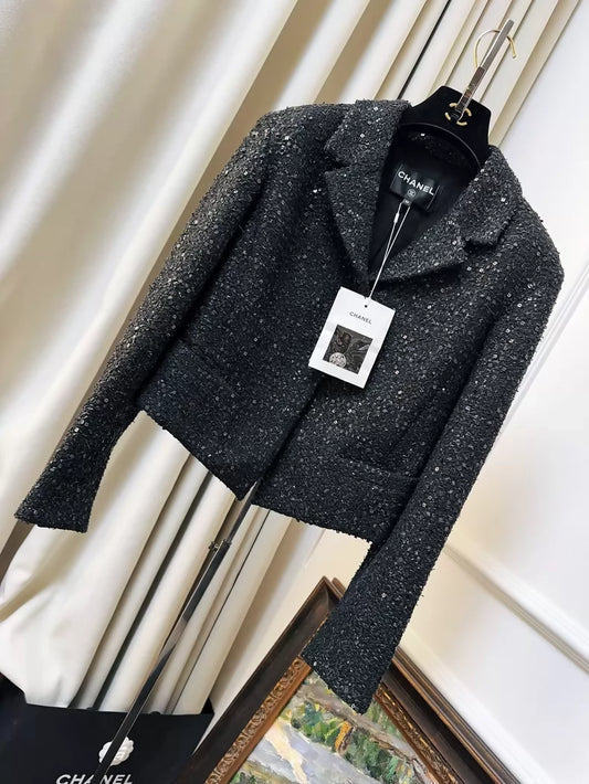 Chanel 24S Black Sequin Tweed Short Jacket