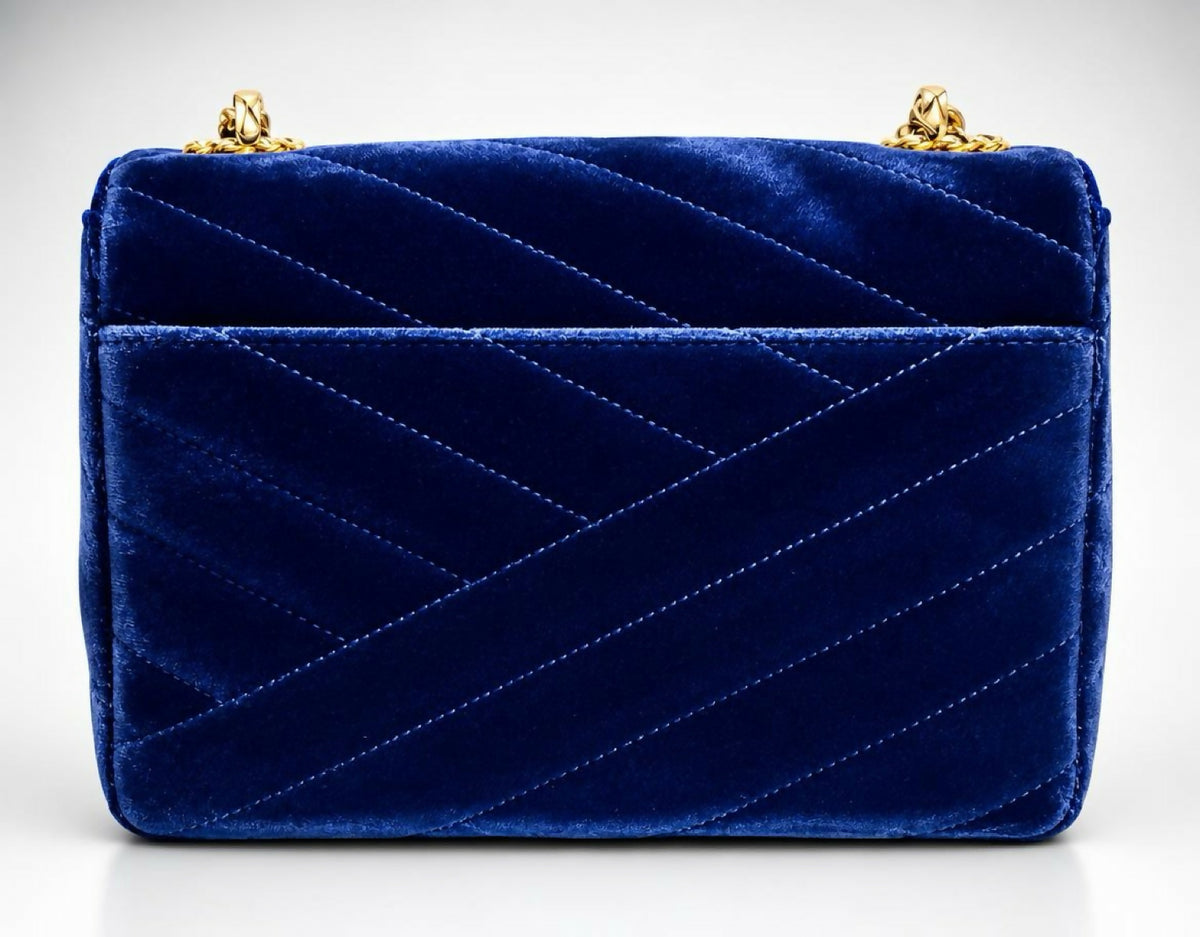 Chanel 1991-1994 Navy Blue Velvet Crystal 24K Bijoux Mini Square Chevron Classic Flap Bag