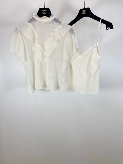 Dior Ruffled Crochet Short-Sleeved Two-Piece Set top