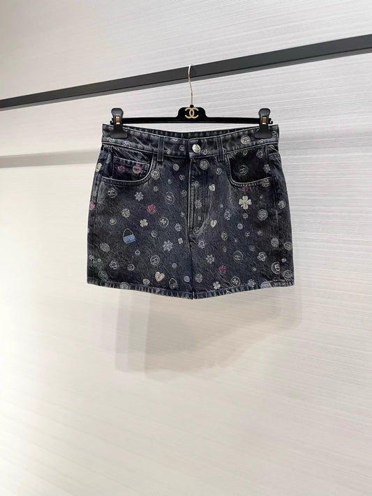 Chanel 25B grey printed denim shorts