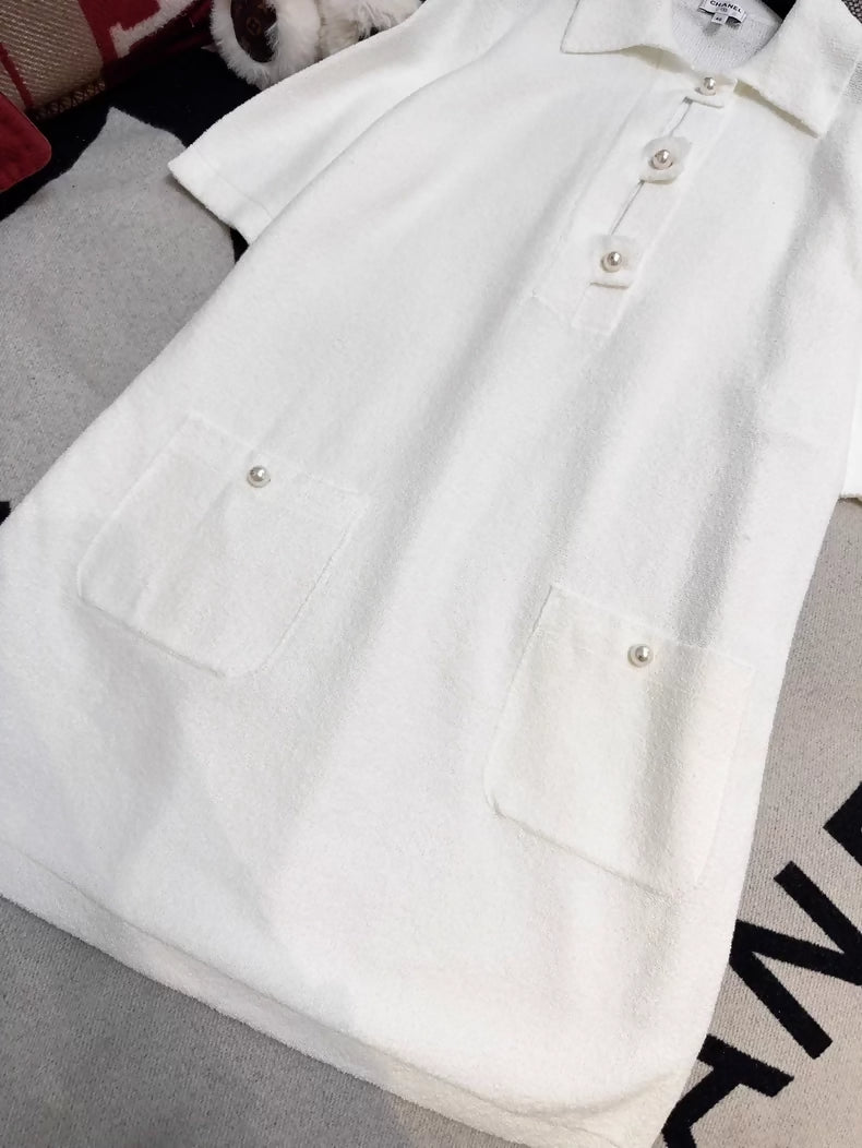 Chanel 23P white pearl-button polo dress