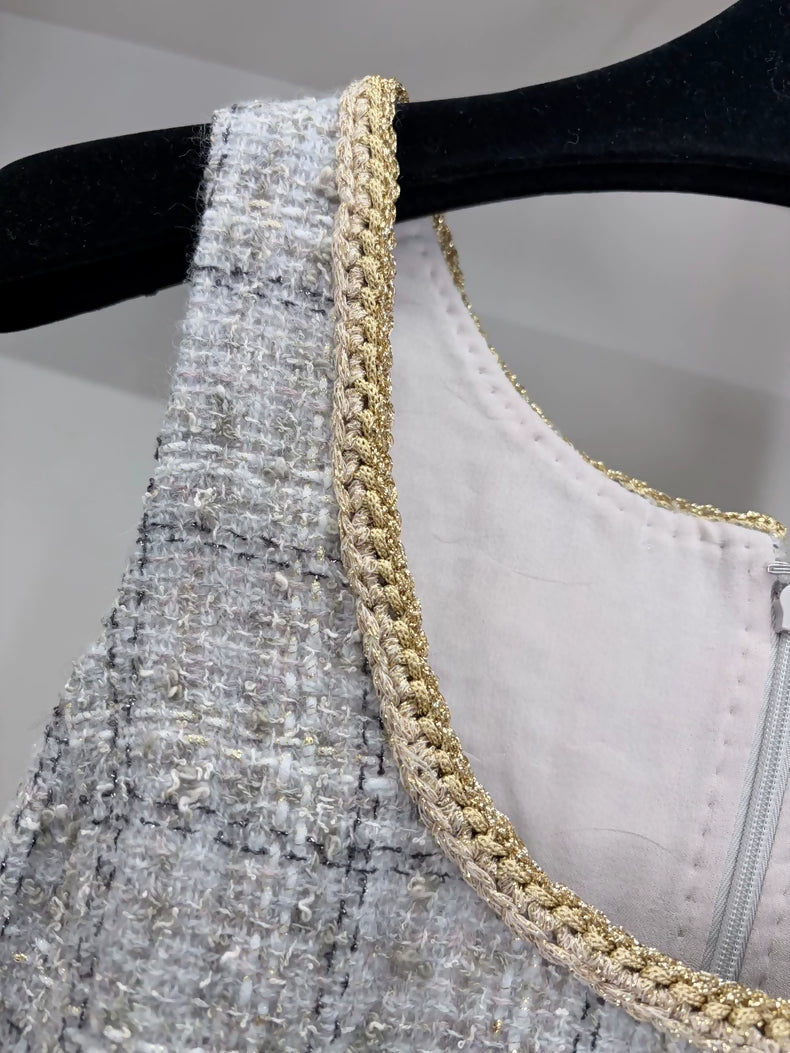 Chanel 25B grey tweed dress with gold trim