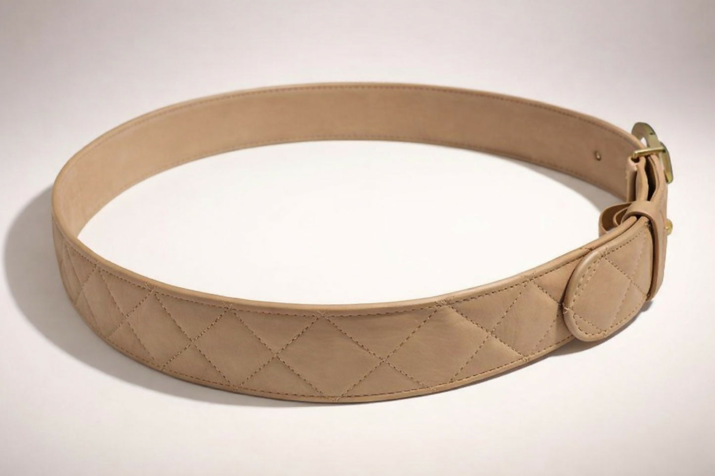 Chanel 14C Beige on Gold CC Buckle Quilted Lambskin Belt Size 85/34