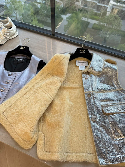 Chanel 08 silver metalic Lambskin leather & wool Vest