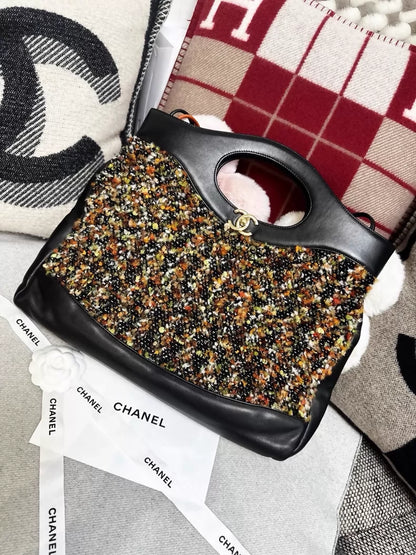 Chanel 18k limited edition 31 bag, black and gold tweed leather large tote bag with gold hardwre