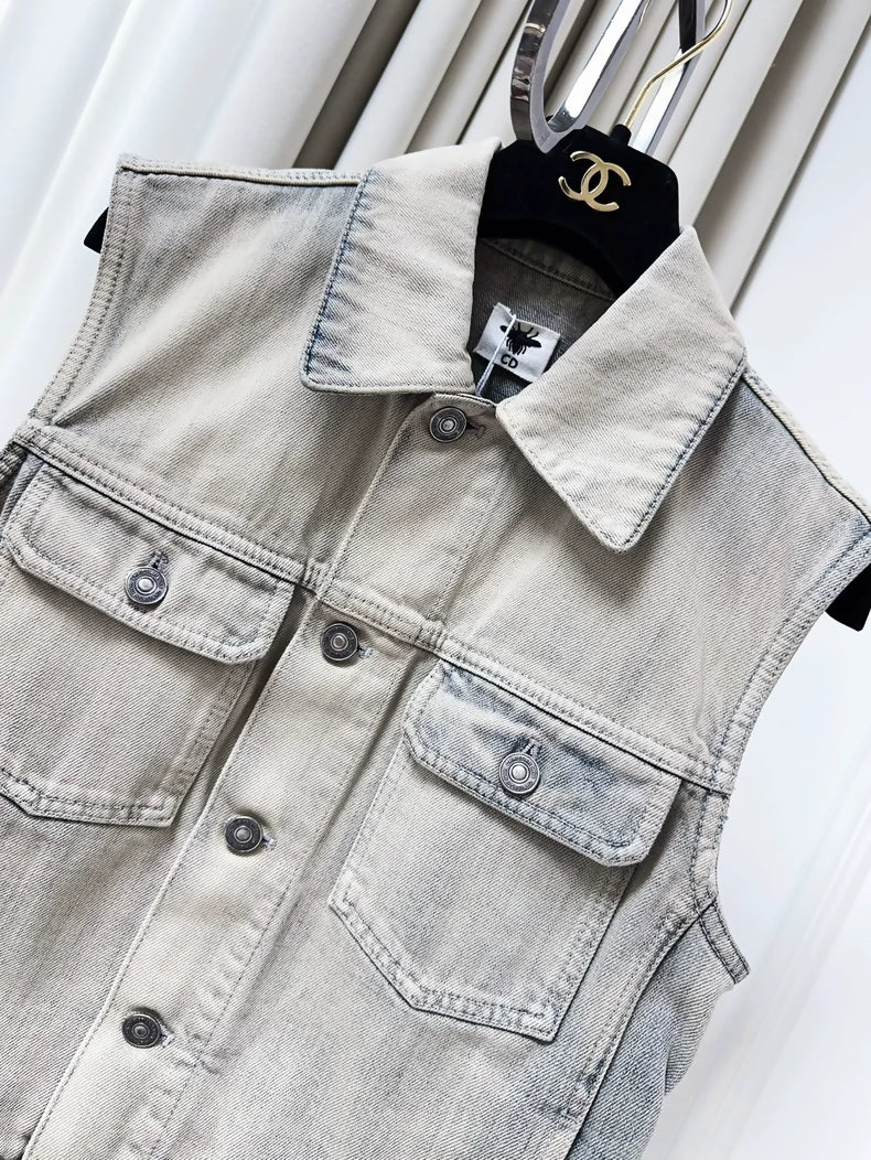 Dior cement grey washed distressed collar sleeveless denim jacket/vest