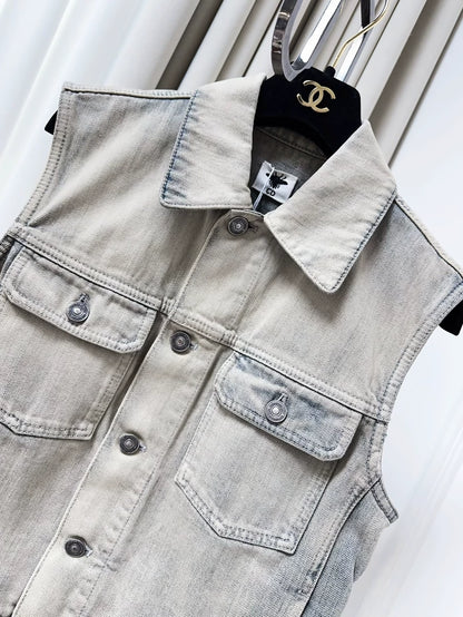 Dior cement grey washed distressed collar sleeveless denim jacket/vest