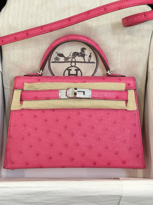 Hermès Mini Kelly II Rose Confetti / Rose Bubblegum Ostrich Leather with Palladium Hardware Y Stamp