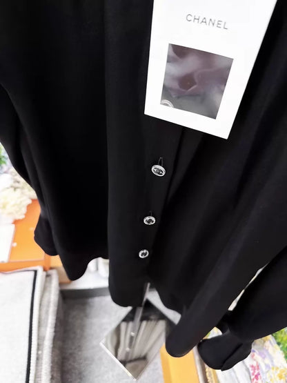 Chanel 23c black ruffled satin silk shirt