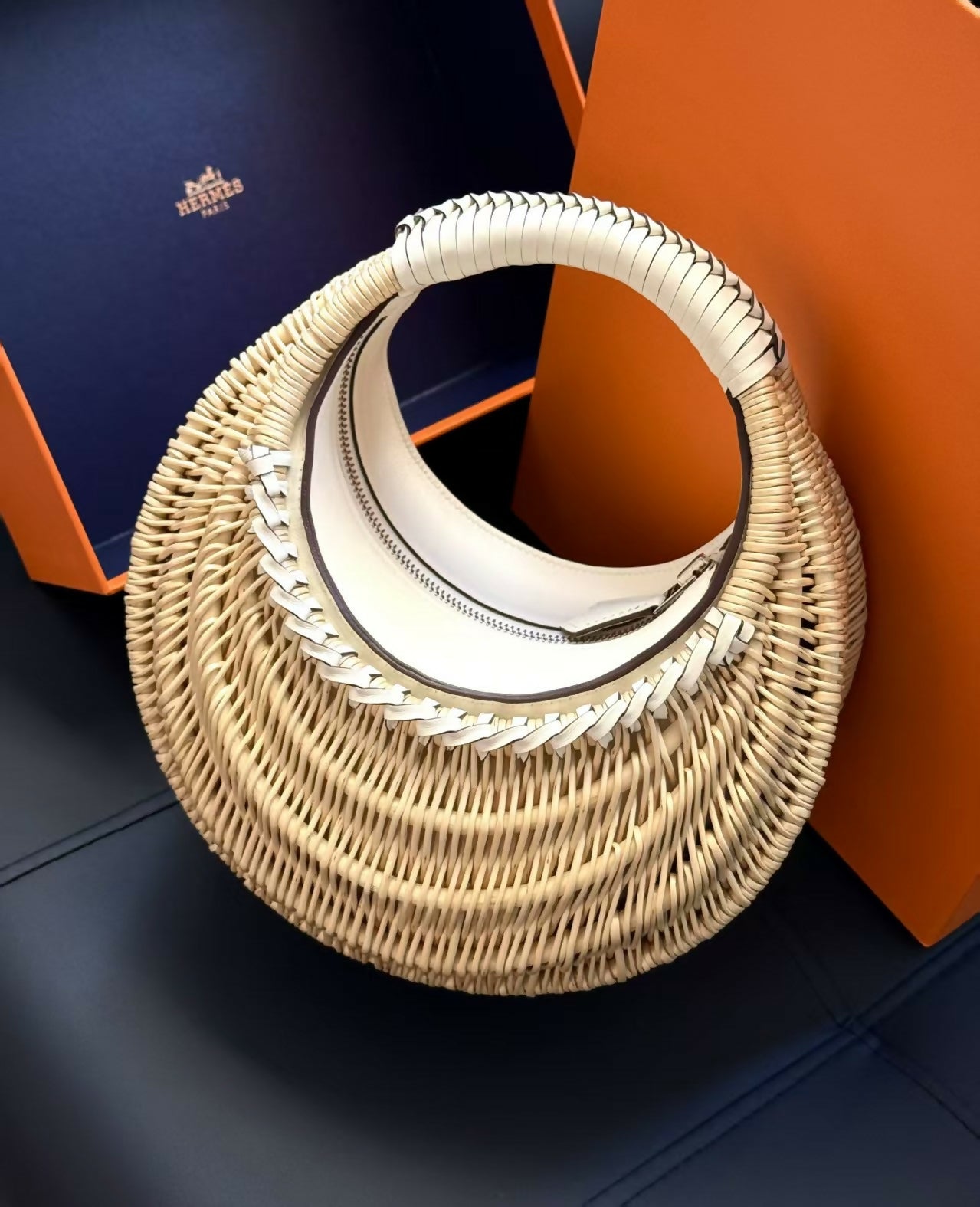 Hermès Panier Arceau Nata (Craie) Wicker (Osier) / Swift Leather Runway Exclusive with Palladium Hardware