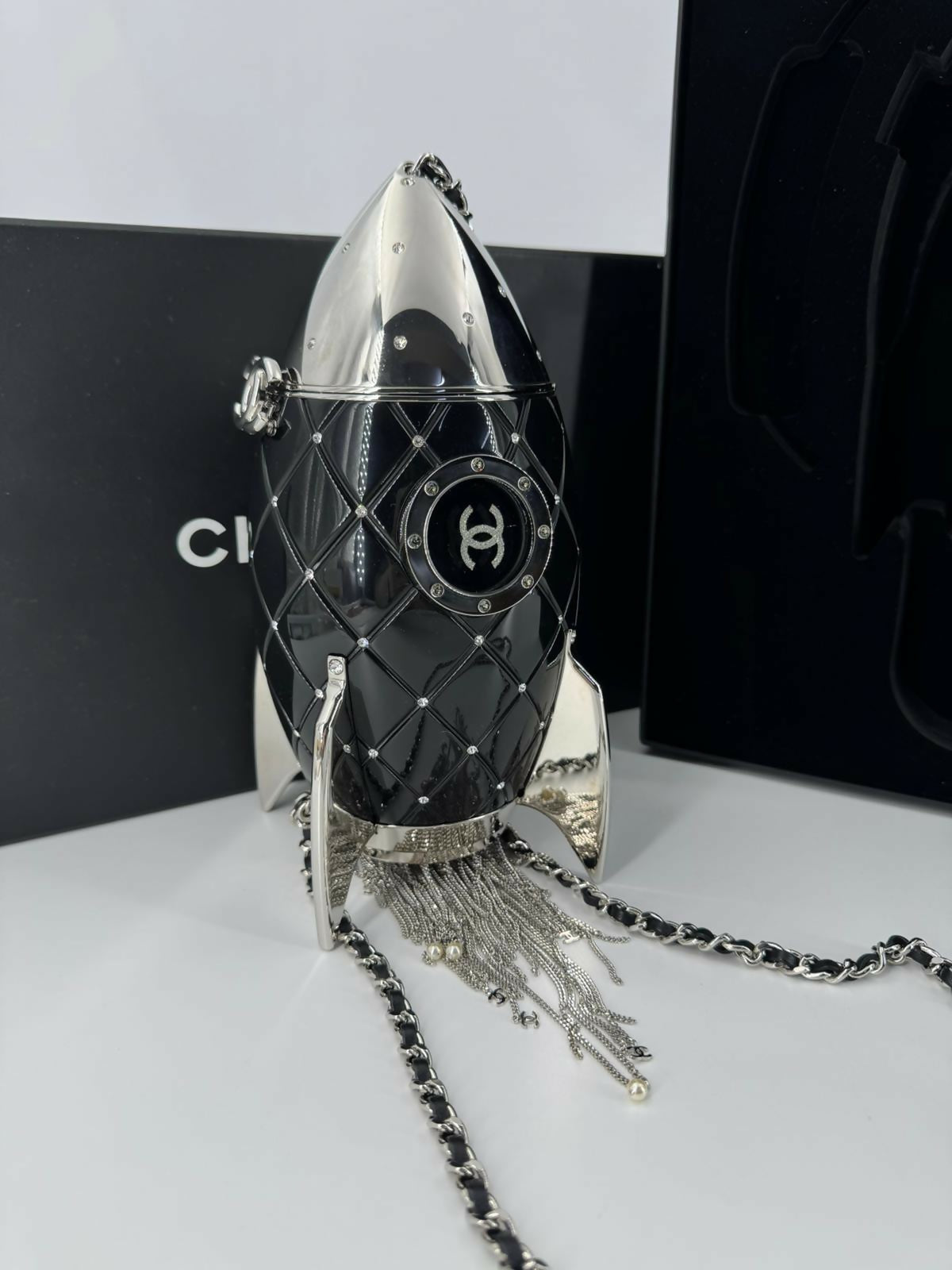 Chanel 2017 Plexiglass and Rhinestone Limited Edition Black Rocket Ship Minaudière Bag