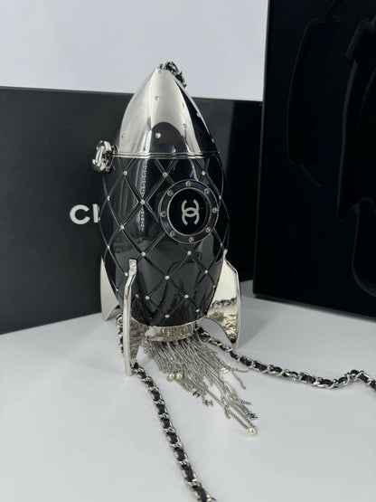 Chanel 2017 Plexiglass and Rhinestone Limited Edition Black Rocket Ship Minaudière Bag