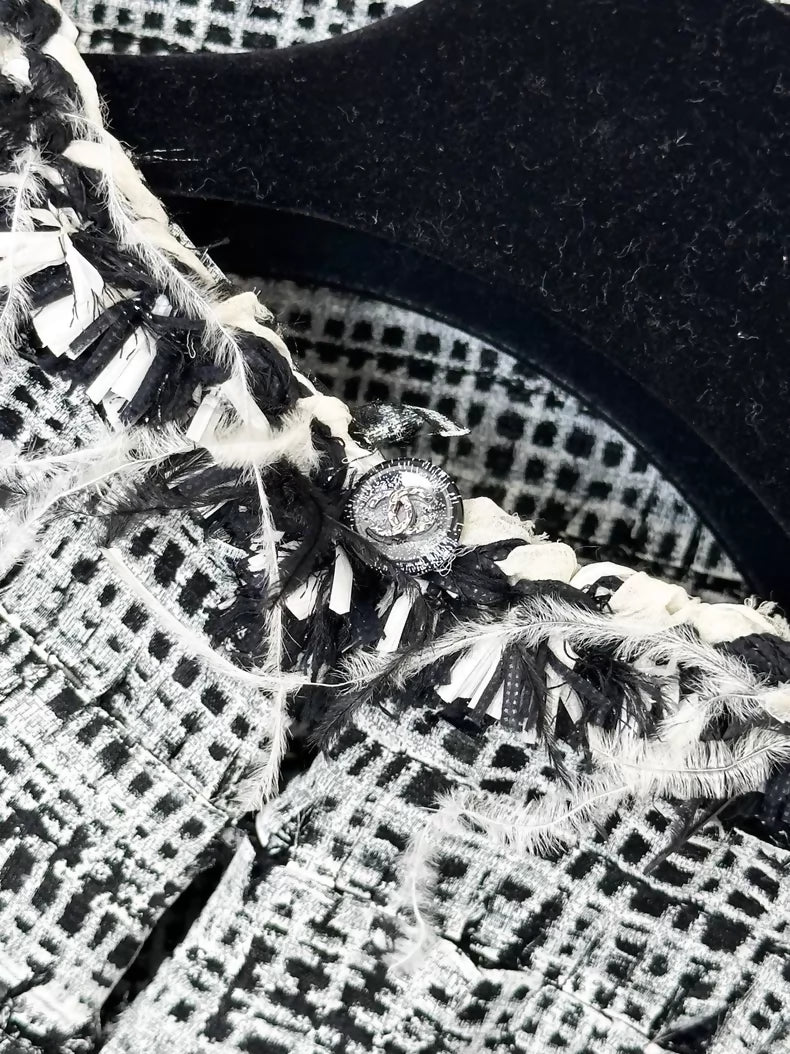 Chanel 2011 black and white tweed & feathers dress
