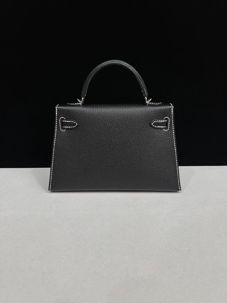 Hermes Mini Kelly 20 black Epsom leather with white stitching palladium hardware