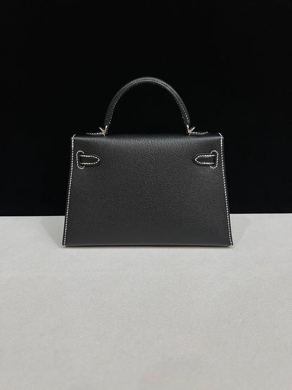 Hermes Mini Kelly 20 black Epsom leather with white stitching palladium hardware