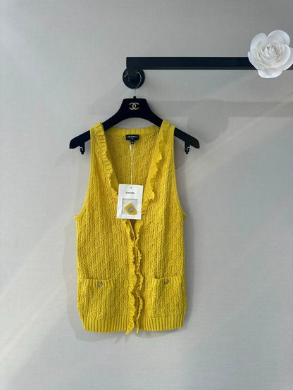 Chanel 25C Yellow Openwork Knit Cardigan Vest