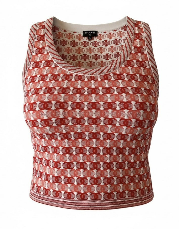 Chanel 19P Pink Red CC Logo Sleeveless Crop Top Blouse FR 42