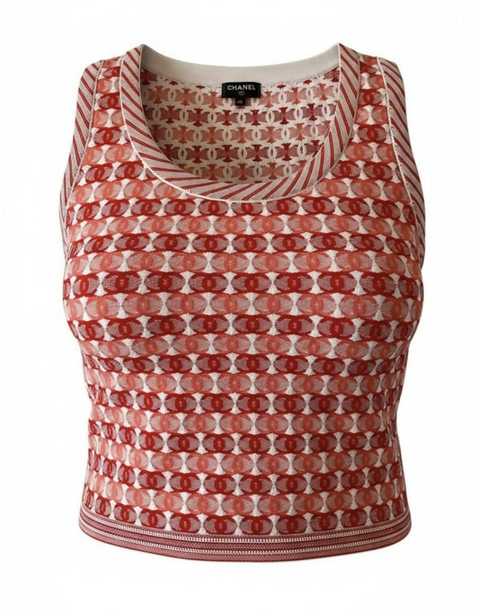 Chanel 19P Pink Red CC Logo Sleeveless Crop Top Blouse FR 42