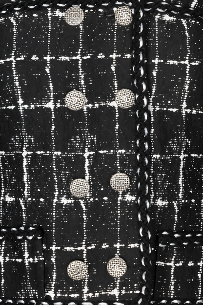 Chanel 14P Black Grid Tweed Braided Trim Double Breasted Jacket FR 36