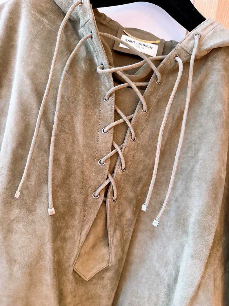Saint Laurent olive green V-neck drawstring hooded leather jacket