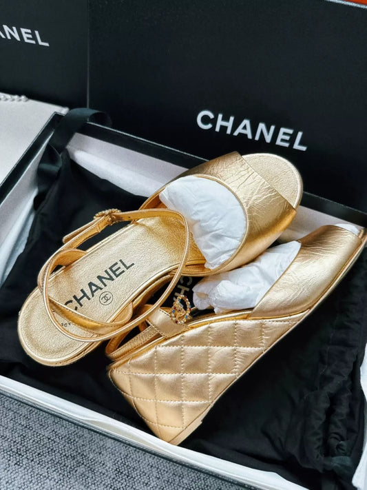 Chanel 25A gold-tone Mary Jane sandals with diamond pattern