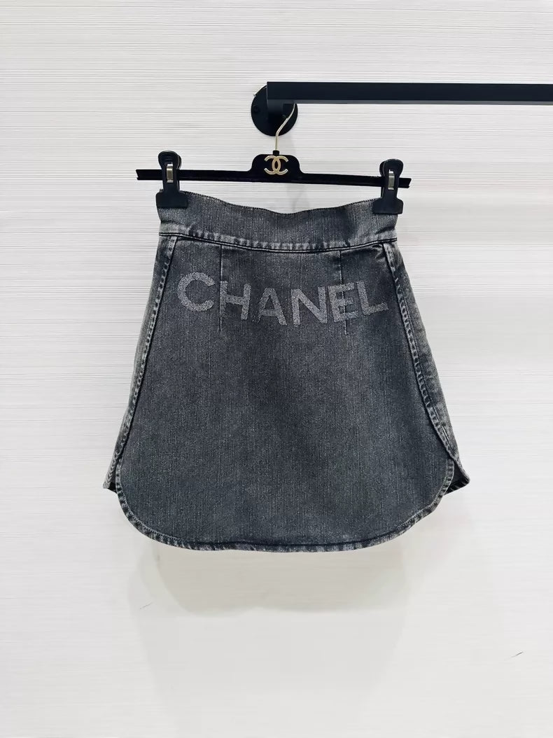Chanel washed grey logo denim skirt, F34,