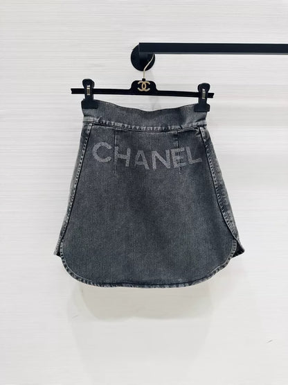 Chanel washed grey logo denim skirt, F34,