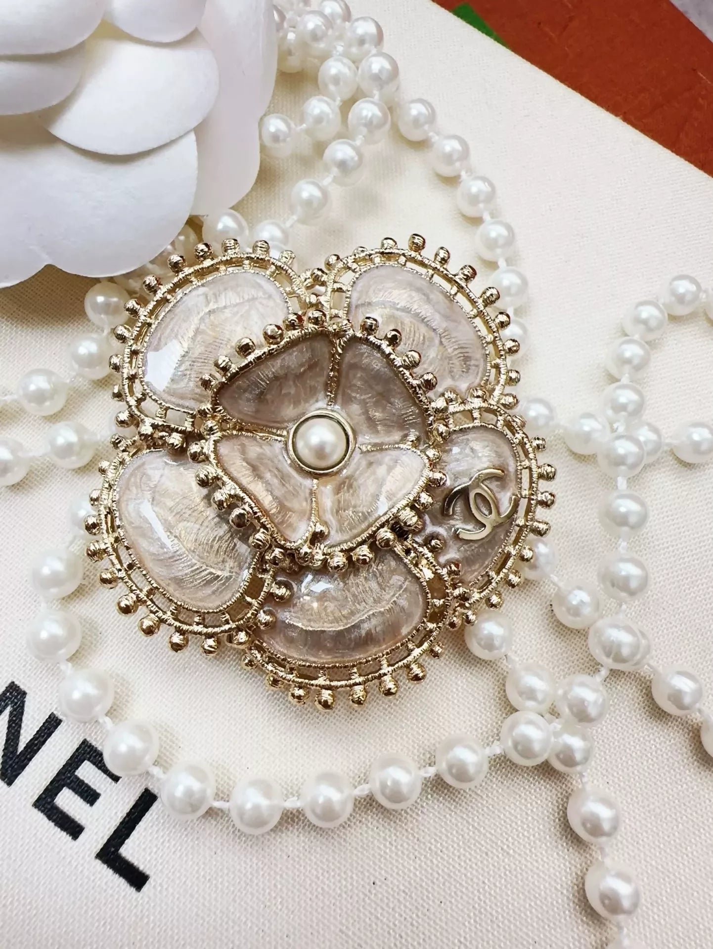 CHANEL 23K pink enamel flower pearl brooch