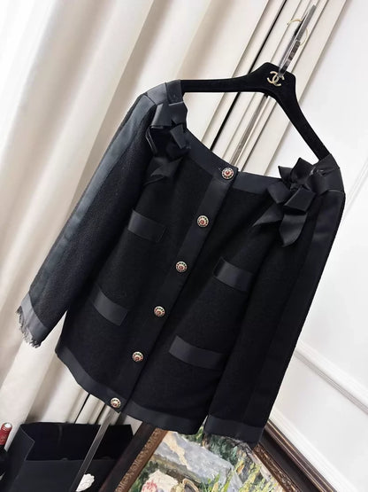 Chanel 2010 Black Satin Bow-Tweed jacket
