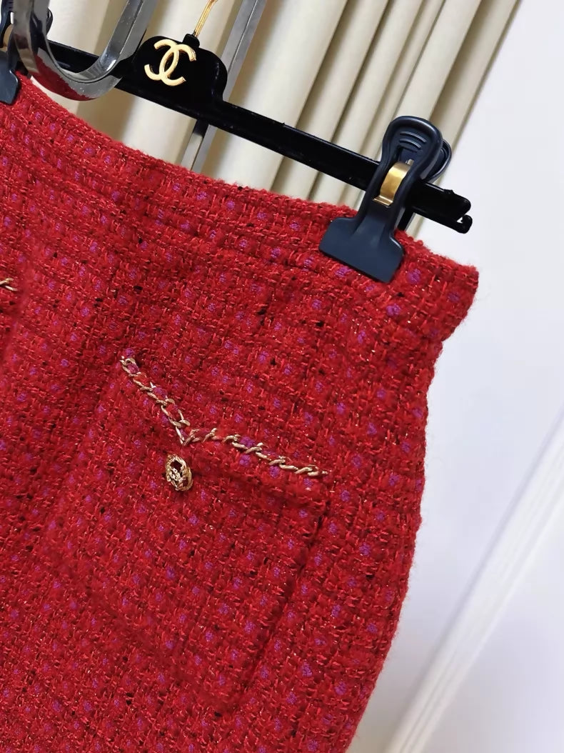 Chanel 23B red tweed skirt with gold buttons
