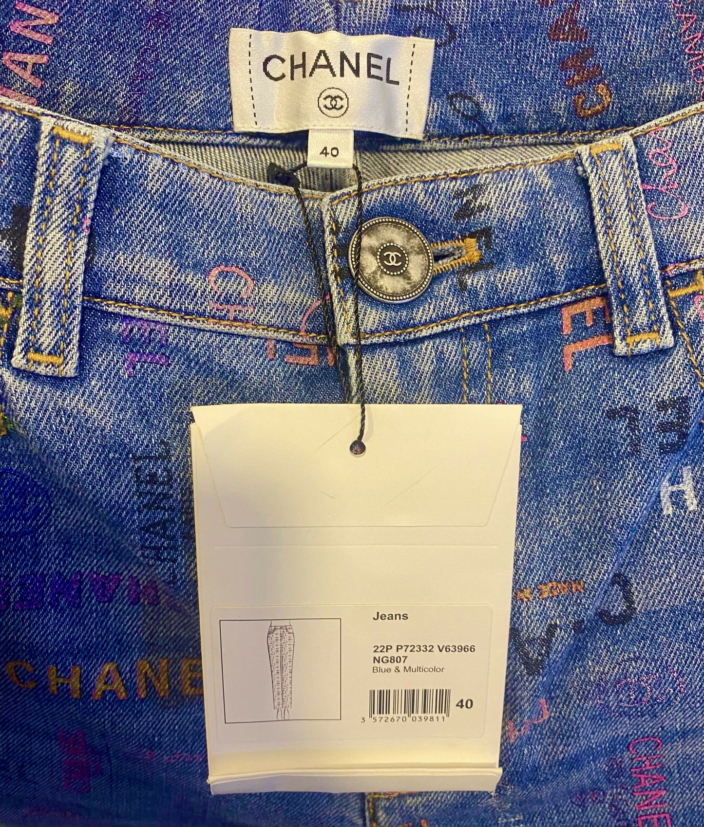 CHANEL 22P Blue & Multicolor Logo Printed Denim Jeans FR 40