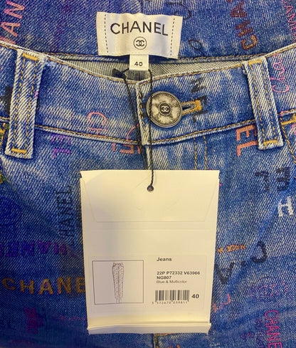 CHANEL 22P Blue & Multicolor Logo Printed Denim Jeans FR 40