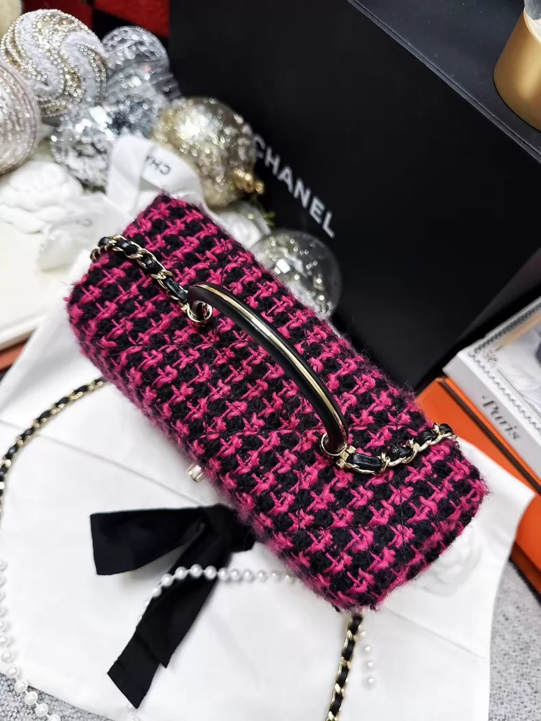 Chanel 23K pink and black checkered tweed box bag