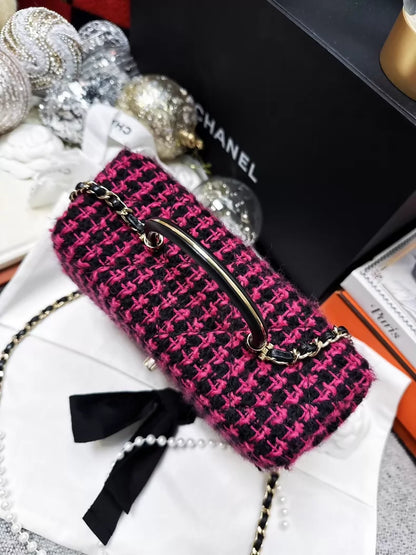 Chanel 23K pink and black checkered tweed box bag