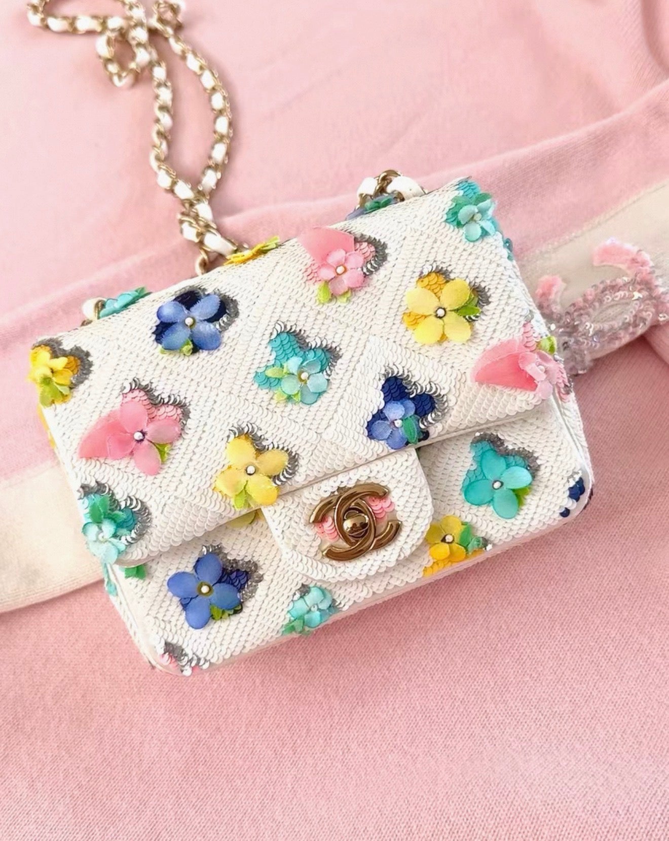 Chanel 23C sequinned flowers mini square flap bag