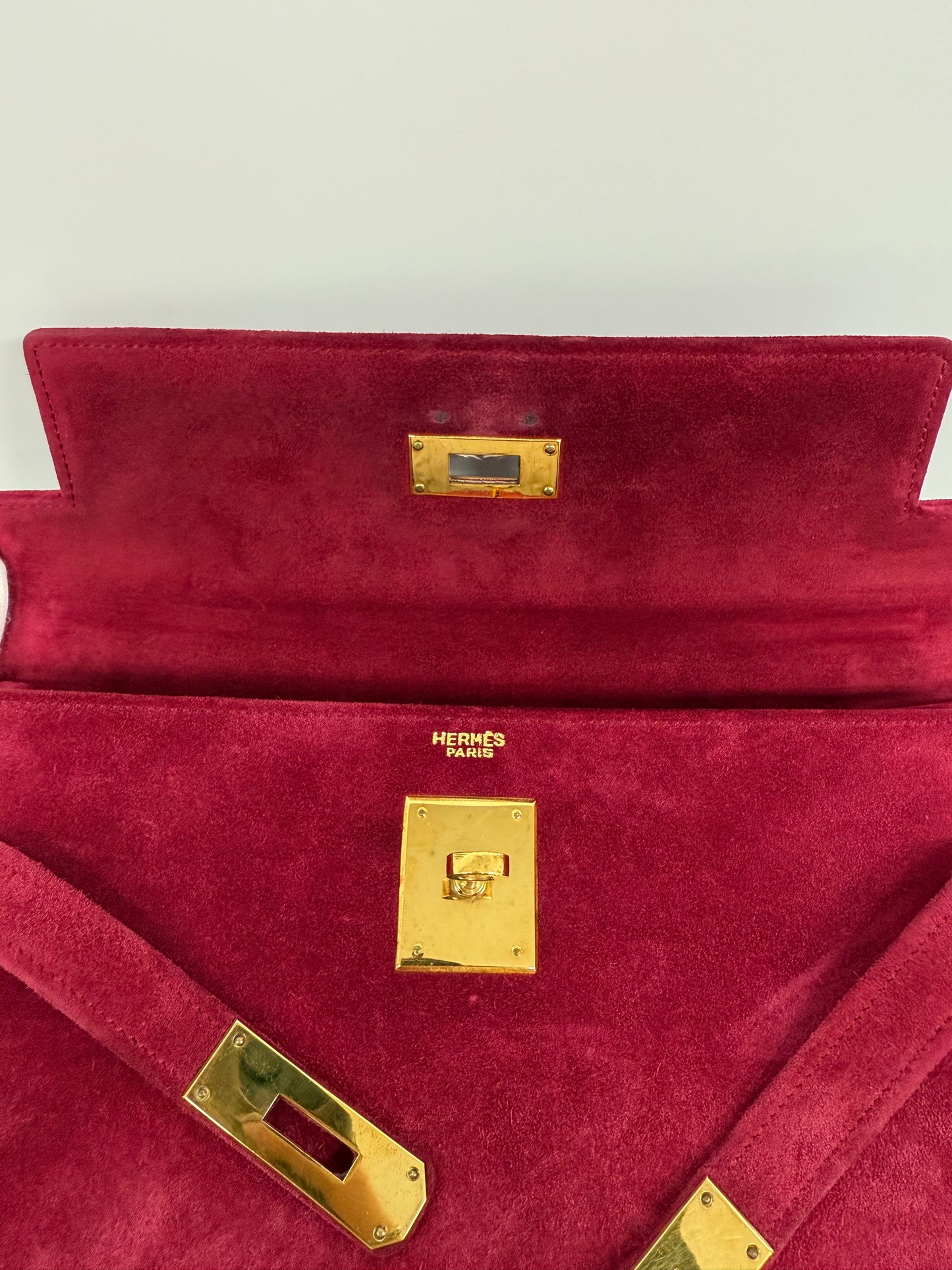 Rare Hermes Kelly 28 Pink Rose Doblis Suede leather gold hardware